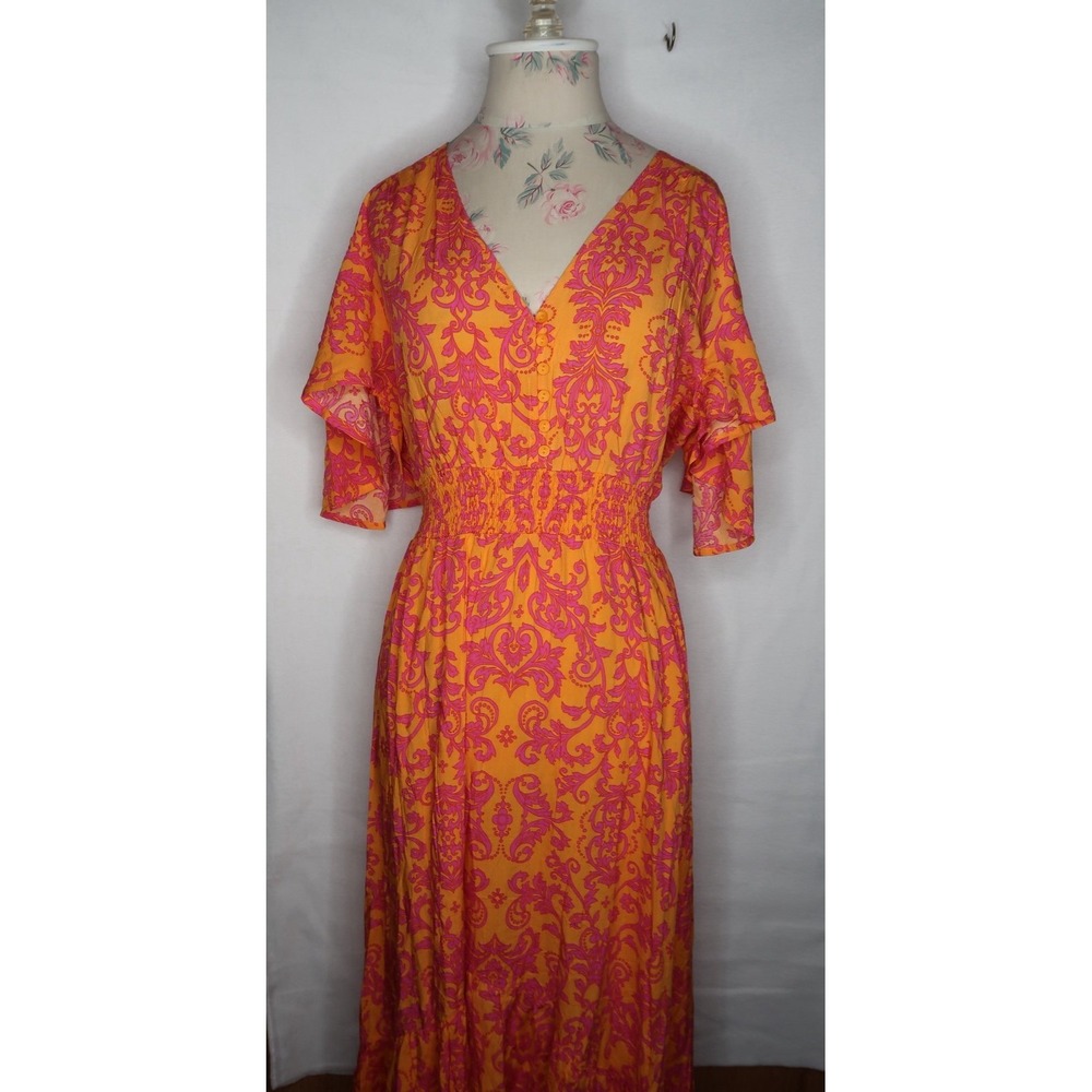 Abel The Label Women's M Orange Pink Floral Midi‎ Dress Smocked Boho Resort NWT